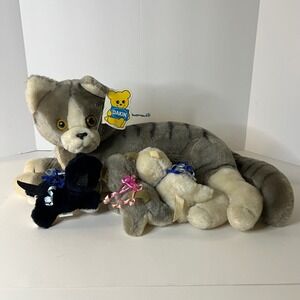 Vintage 1981 Dakin Mama & Baby Kitties Gray White Black 17" 3 Babies